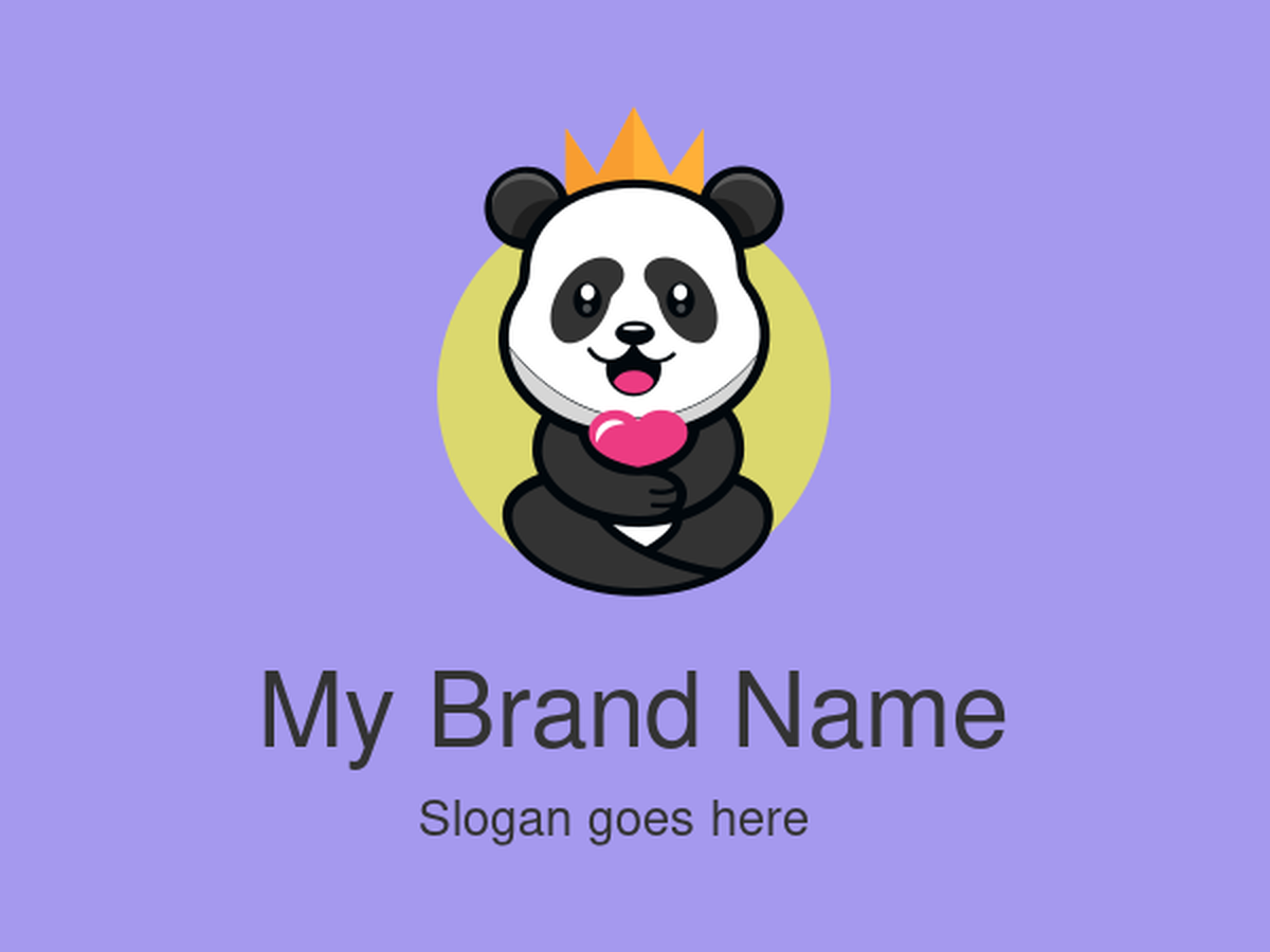 Smiling cartoon panda with crown holding a pink heart